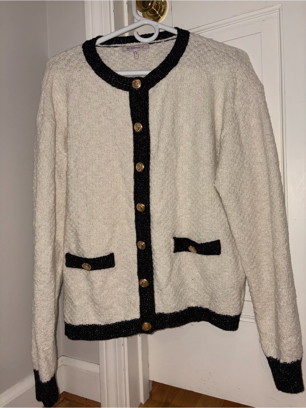 BCBGeneration Cream Cardigan with Black Trim and Gold Buttons